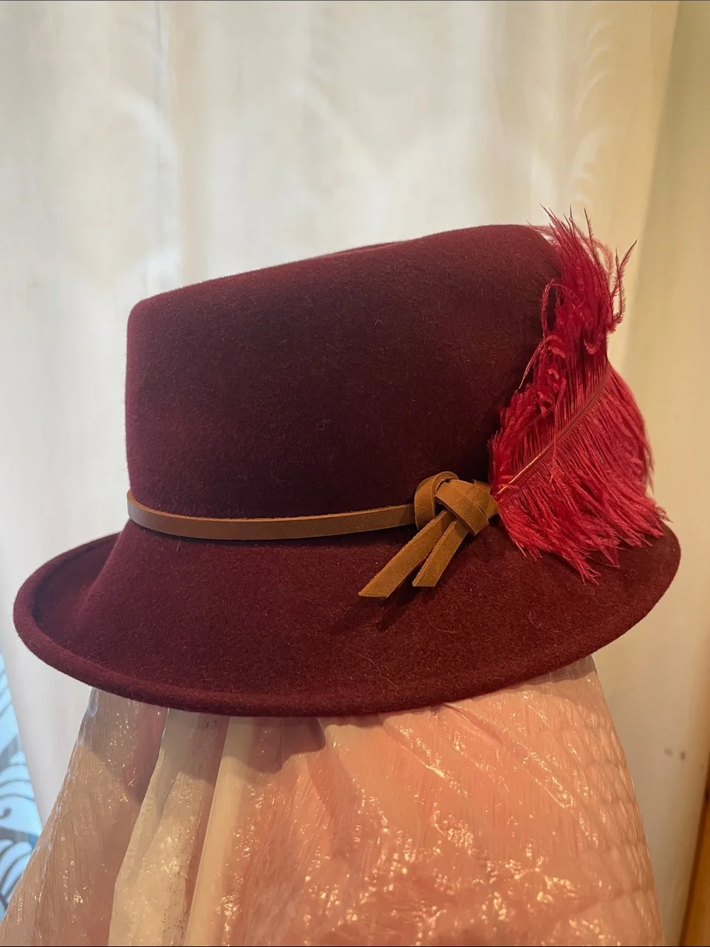 Womens Feather Trim Wool Cloche Hat - Burgundy